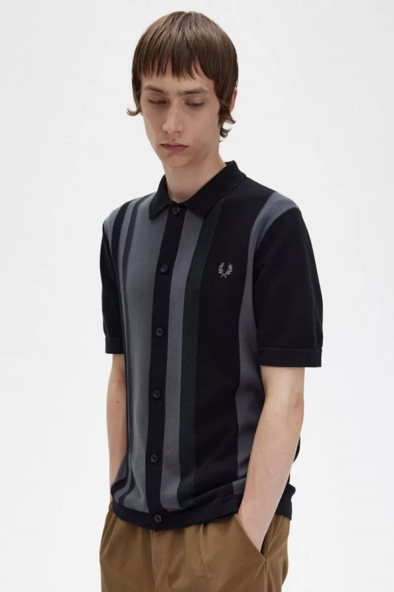 fred perry gestreiftes strickhemd für herren schwarz