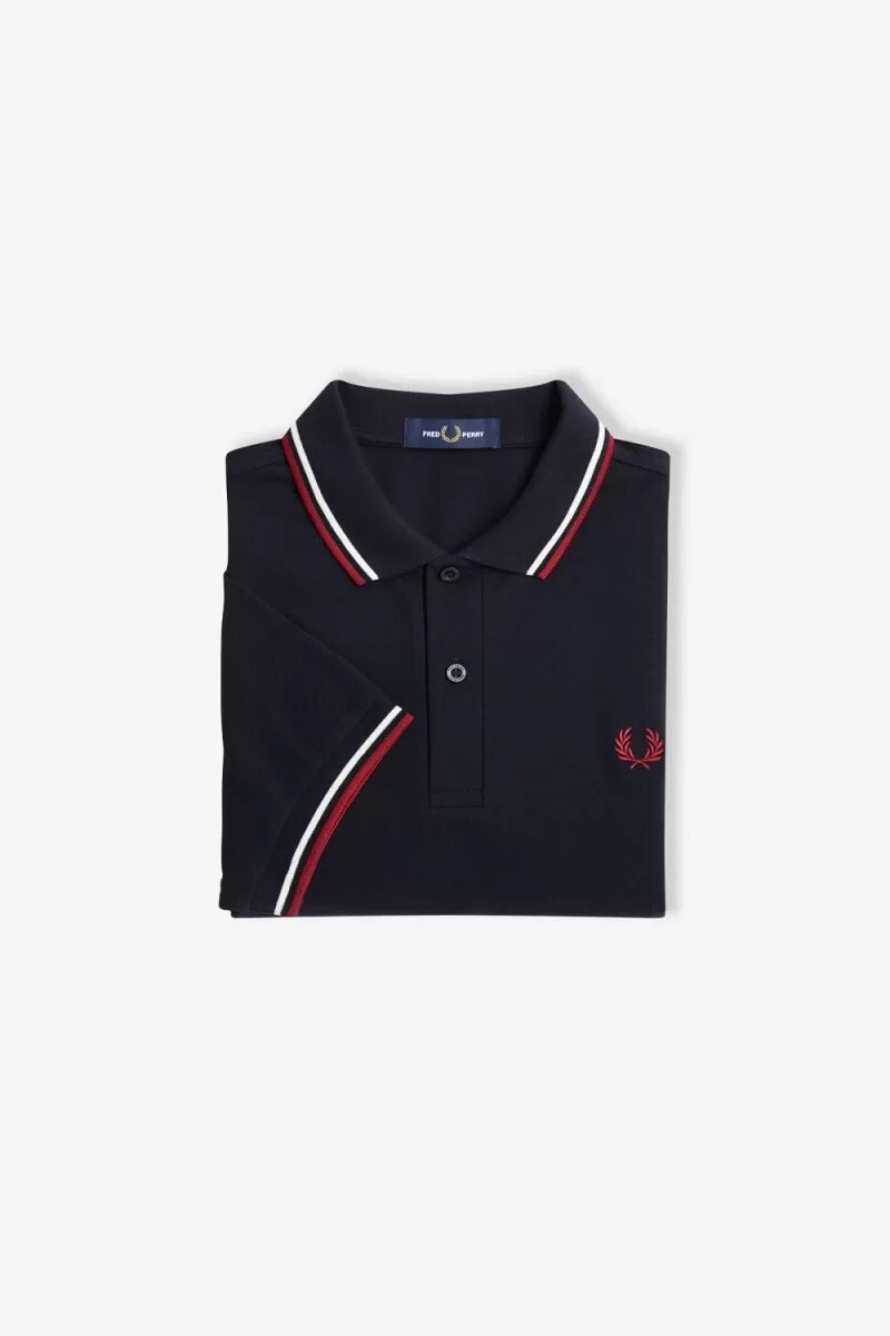 fred perry m3600 herrenhemd marineblau schneeweiß gebranntes rot