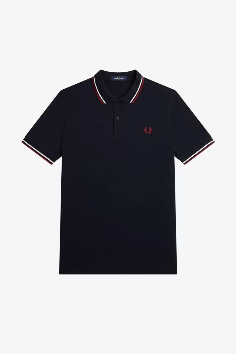 fred perry m3600 herrenhemd marineblau schneeweiß gebranntes rot