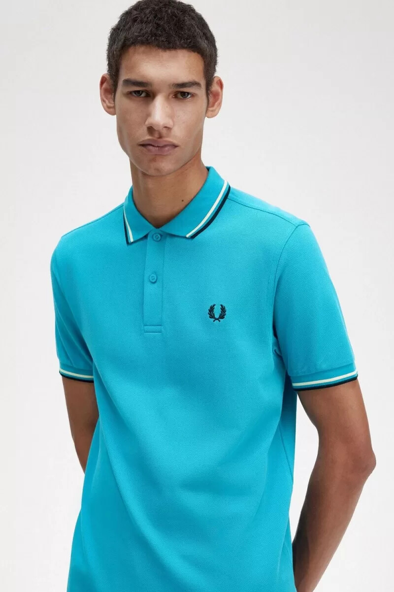 fred perry m3600 herrenhemd cyberblau aqua creme schwarz