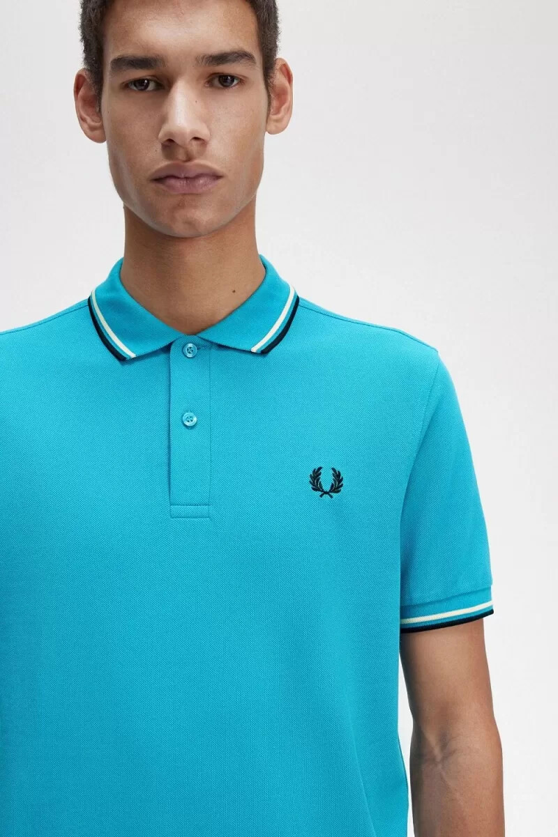 fred perry m3600 herrenhemd cyberblau aqua creme schwarz
