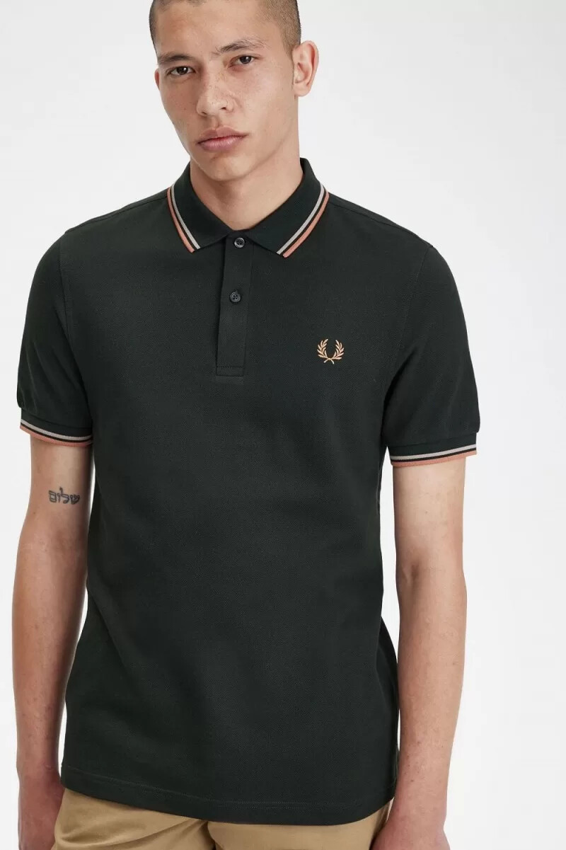 fred perry m3600 herrenhemd nachtgrün warmgrau hellrost