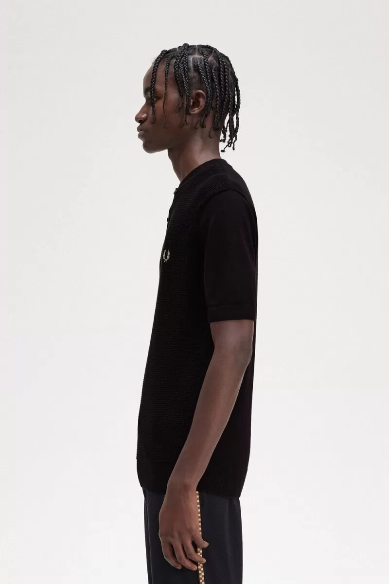 fred perry waffelpiqué-henley-herrenhemd schwarz