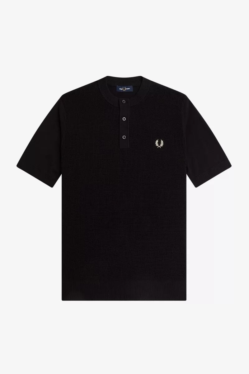 fred perry waffelpiqué-henley-herrenhemd schwarz