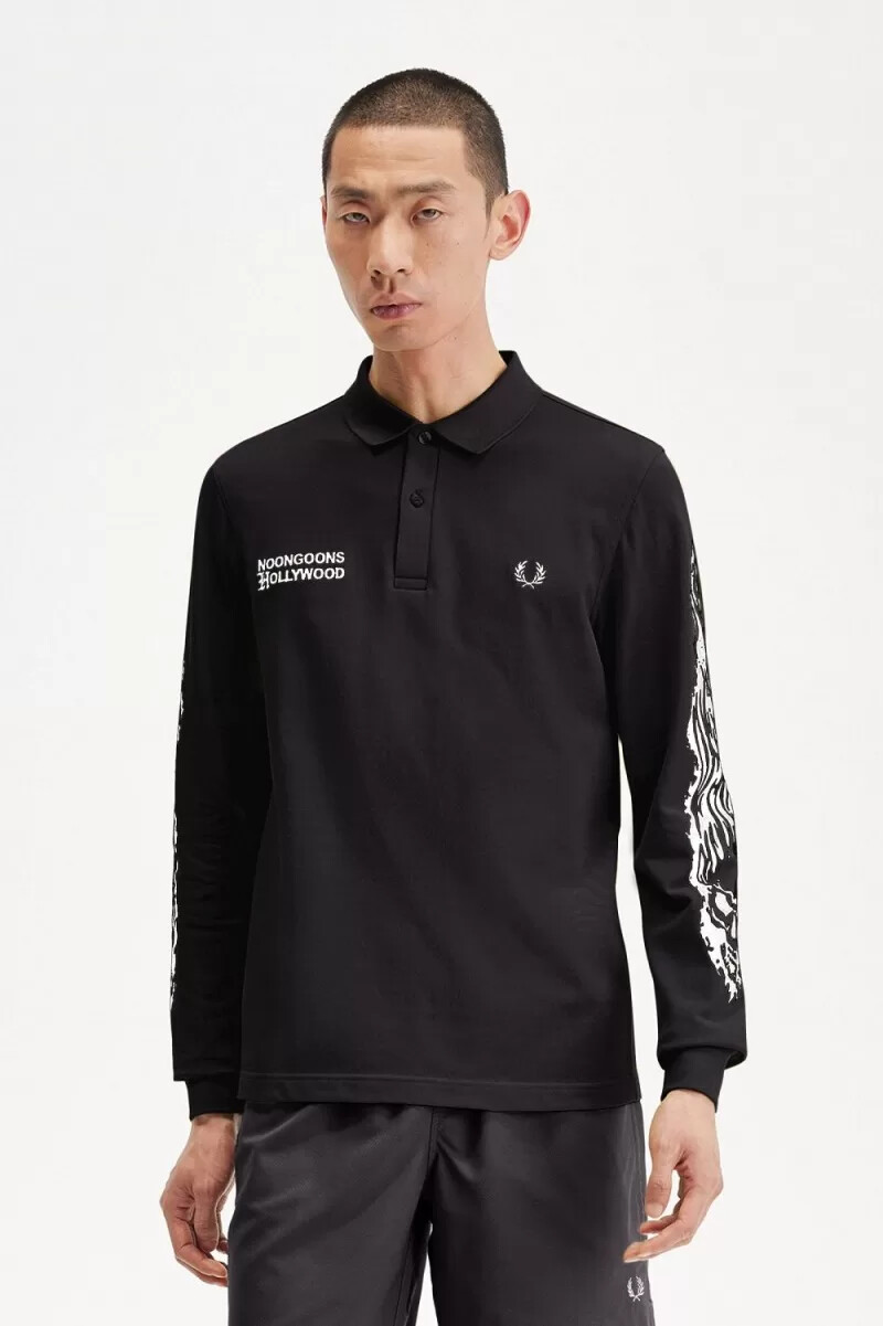 fred perry noongoons langarm-poloshirt mit grafikprint schwarz