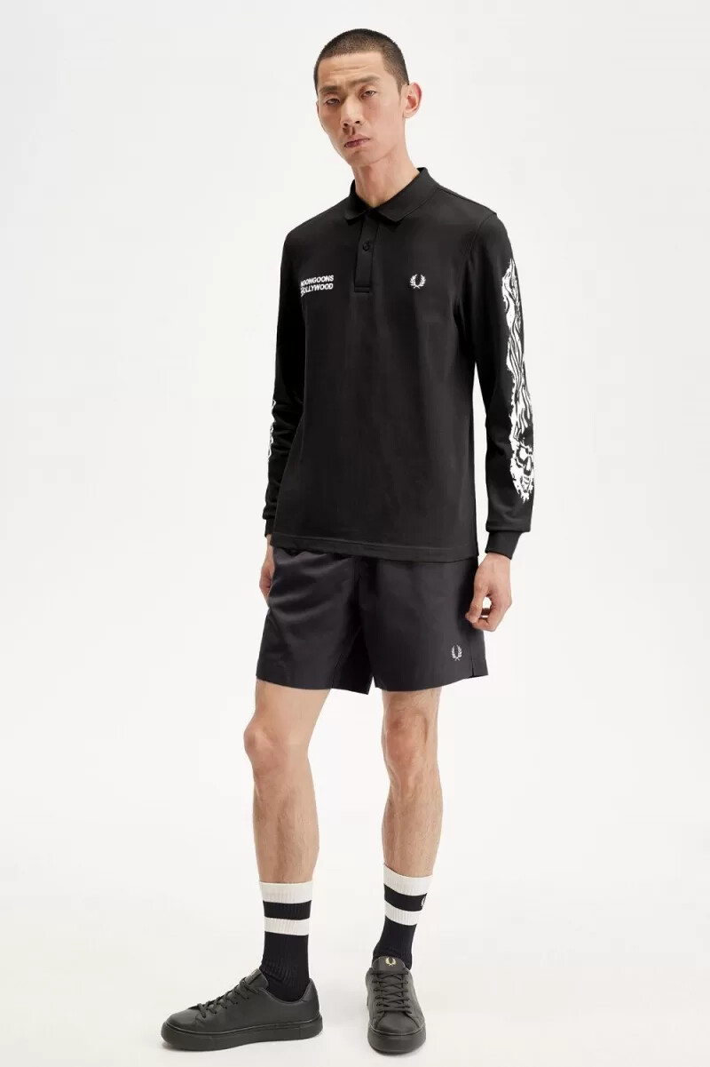 fred perry noongoons langarm-poloshirt mit grafikprint schwarz