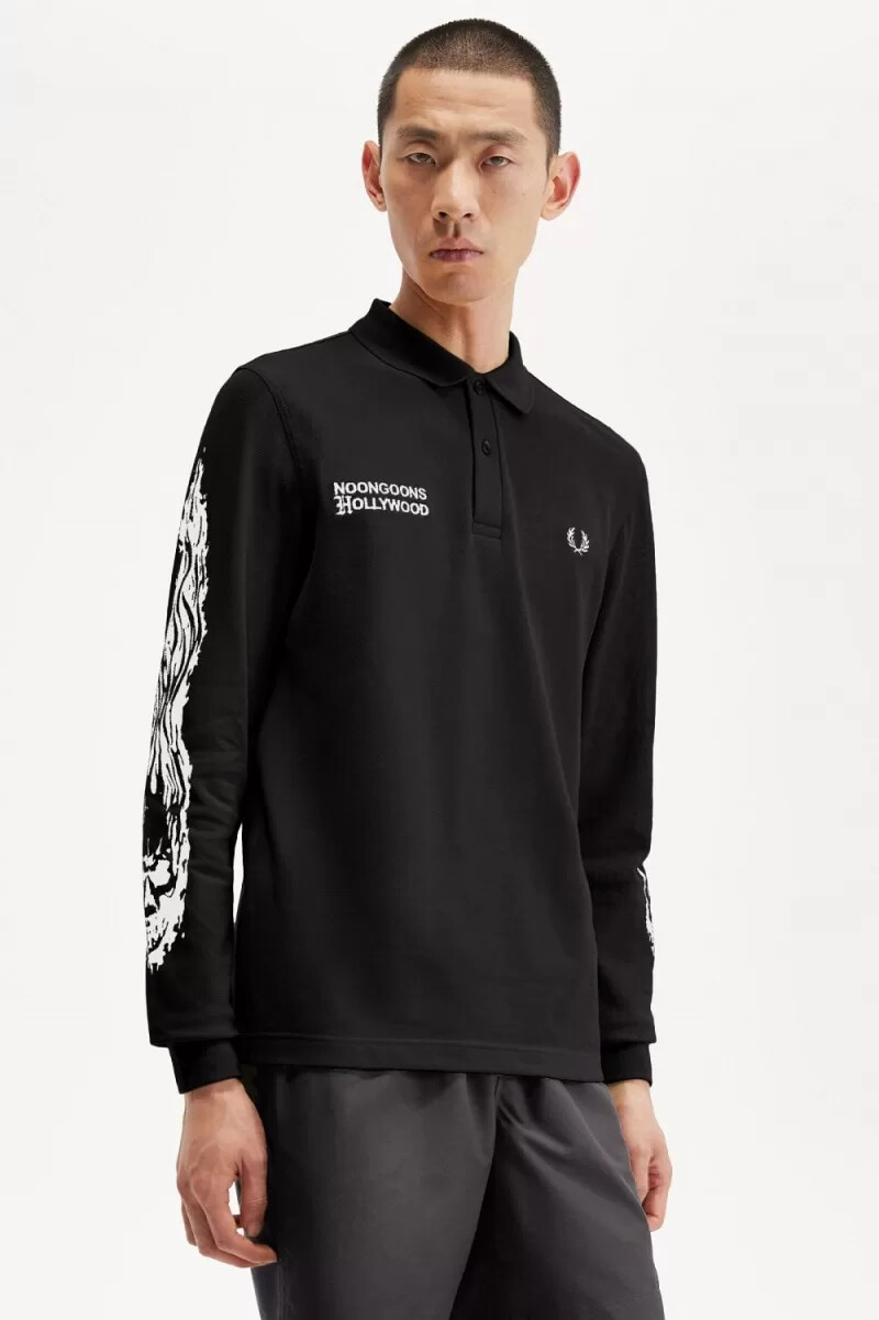 fred perry noongoons langarm-poloshirt mit grafikprint schwarz