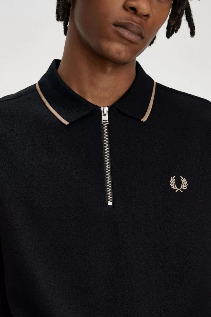 fred perry herren-poloshirt aus krepp-piqué mit reißverschlusskragen schwarz