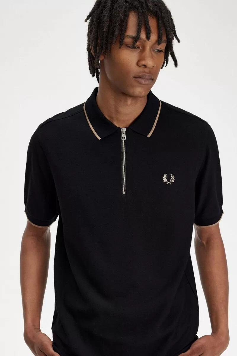 fred perry herren-poloshirt aus krepp-piqué mit reißverschlusskragen schwarz