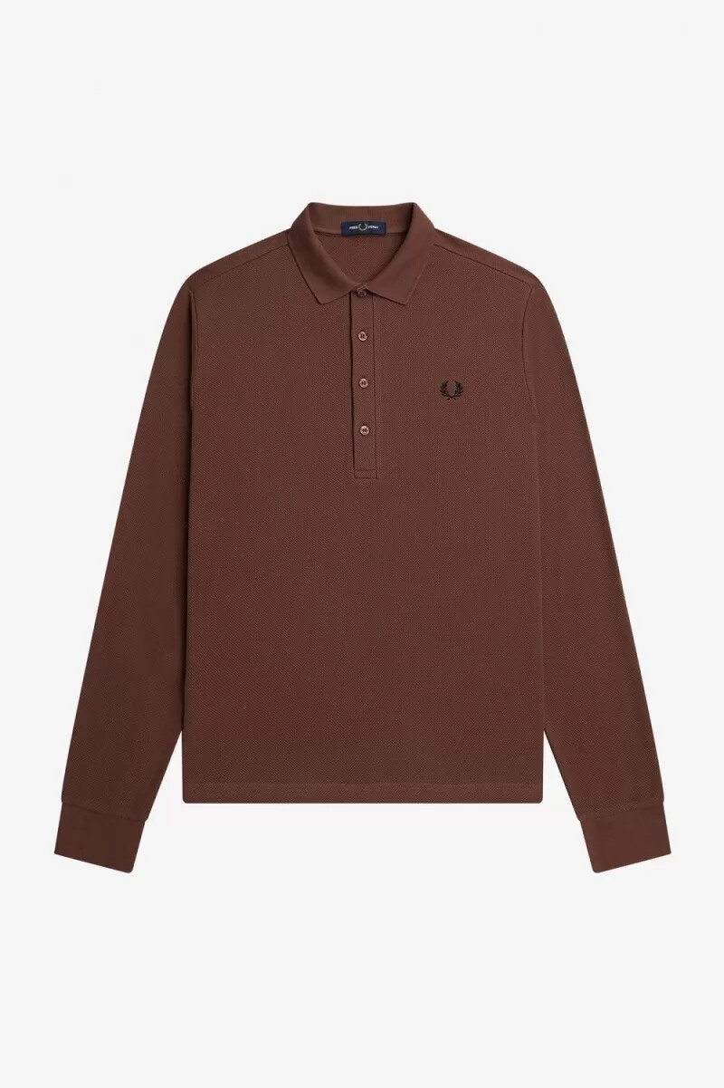 fred perry herren-poloshirt aus baumwolle mit wabenmuster und langen Ärmeln whiskybraun