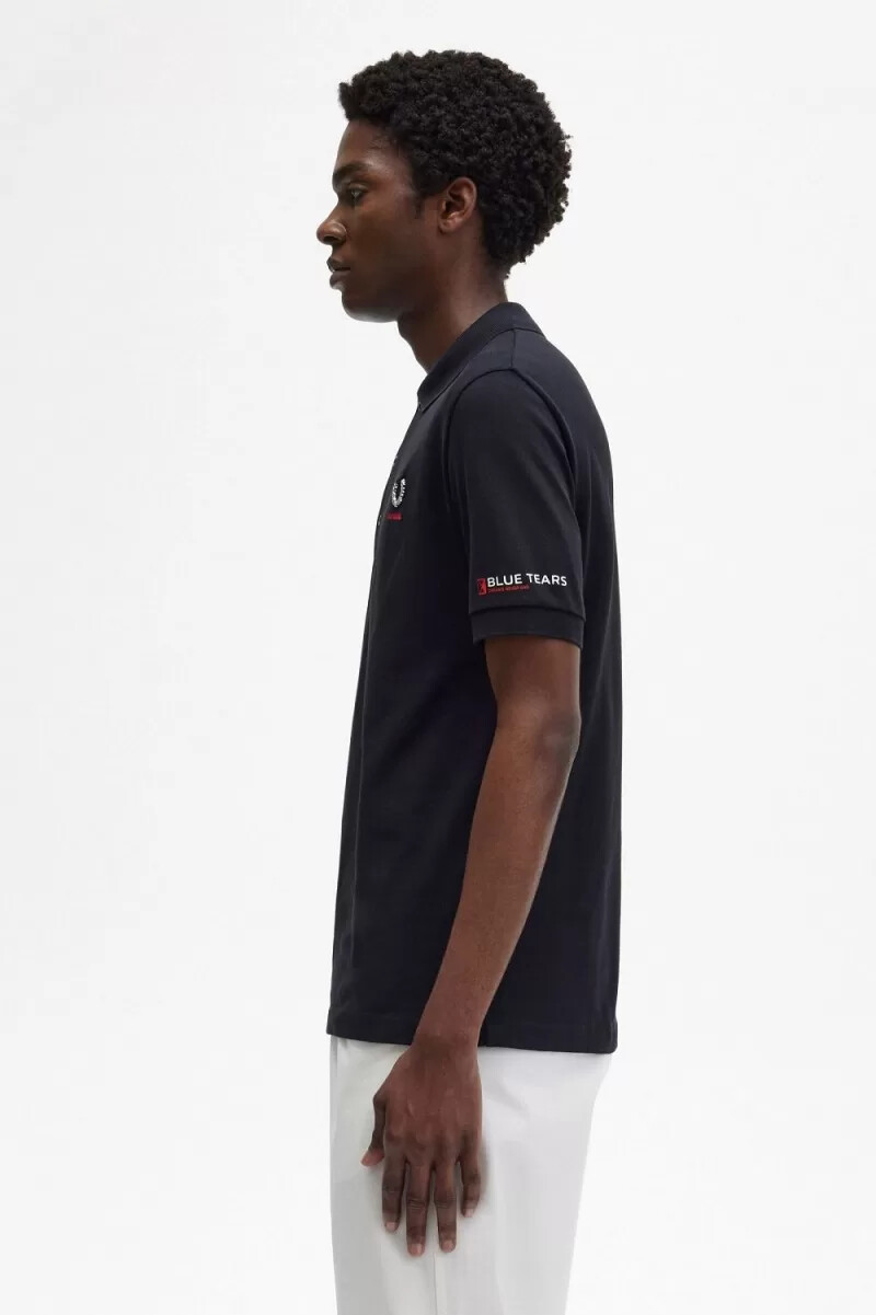 fred perry poloshirt für herren mit bedruckten Ärmeln schwarz