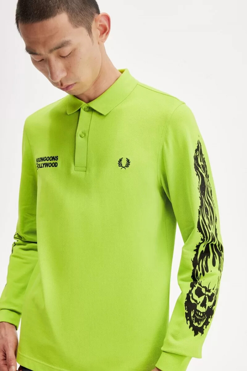 fred perry noongoons langarm-poloshirt für herren mit grafikprint limettengrün