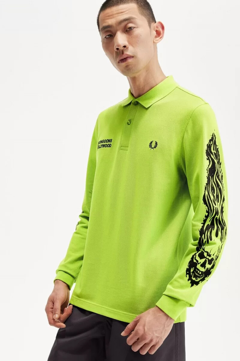fred perry noongoons langarm-poloshirt für herren mit grafikprint limettengrün