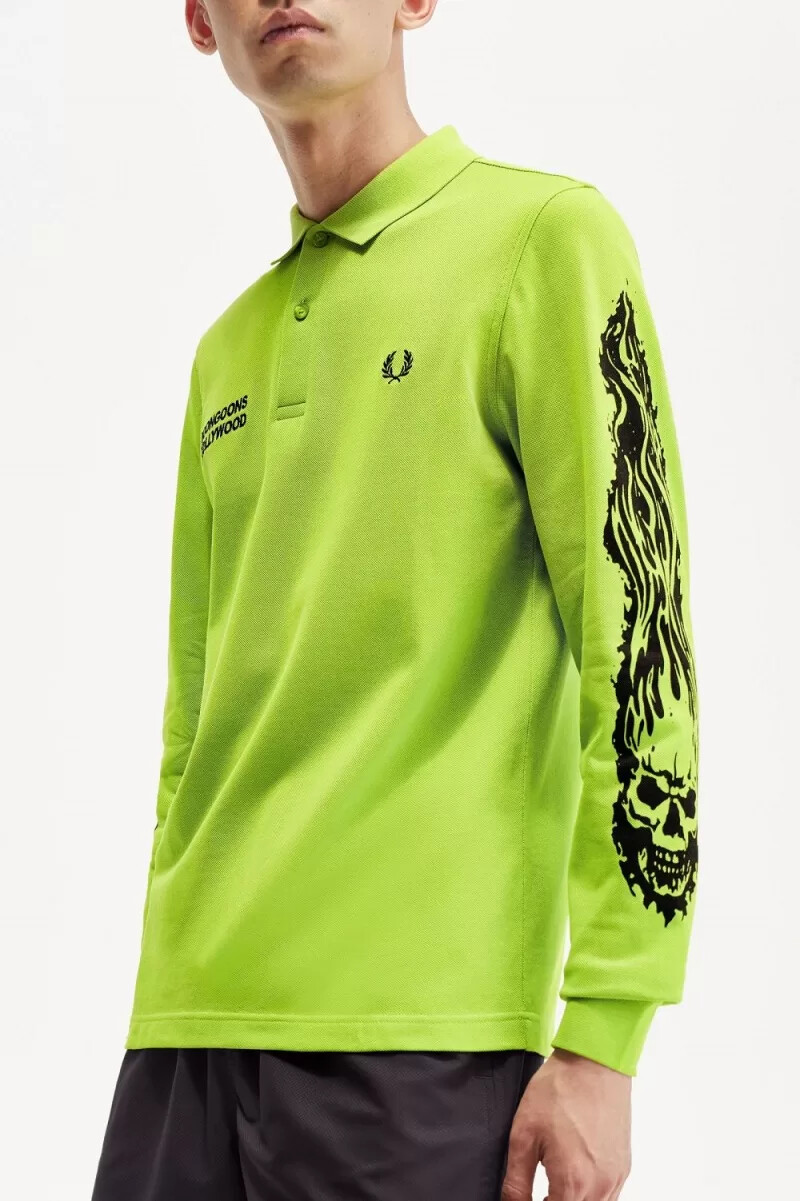fred perry noongoons langarm-poloshirt für herren mit grafikprint limettengrün