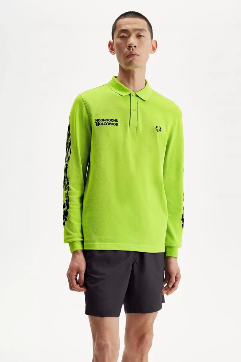 fred perry noongoons langarm-poloshirt für herren mit grafikprint limettengrün
