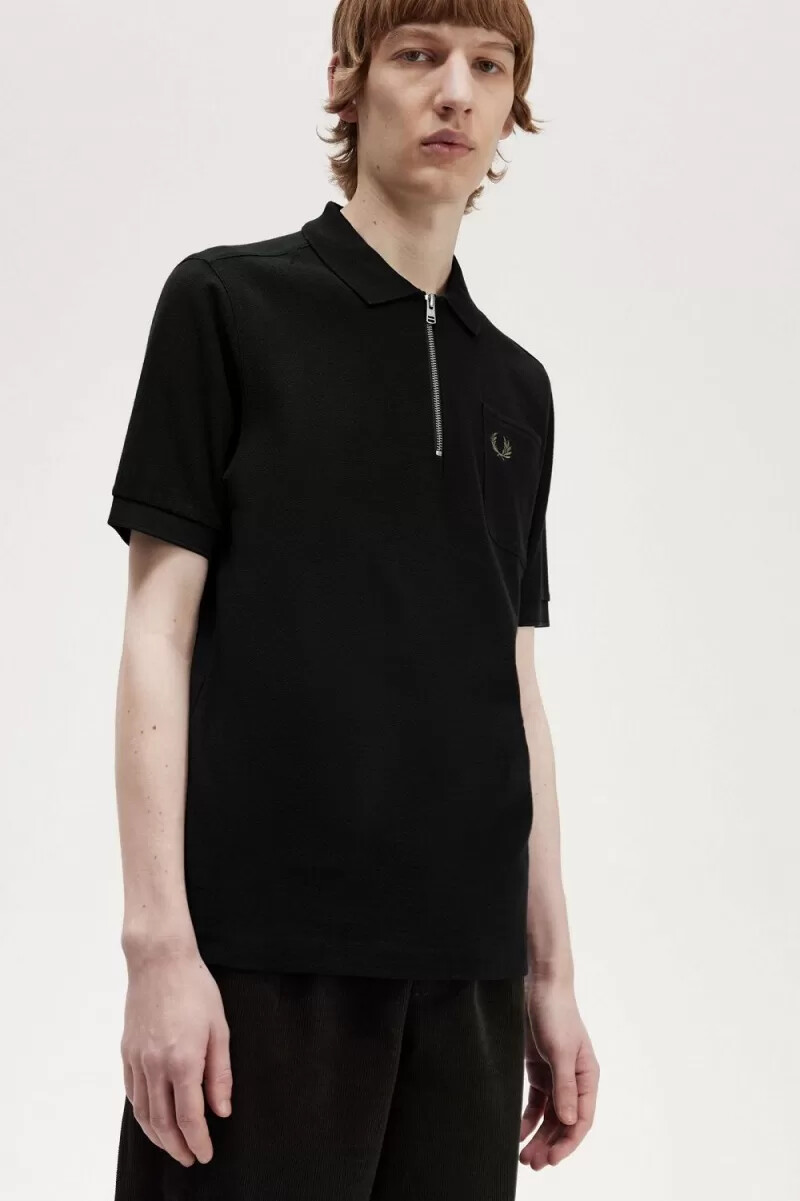 fred perry herren-poloshirt mit strukturierter oberfläche und reißverschlusskragen schwarz