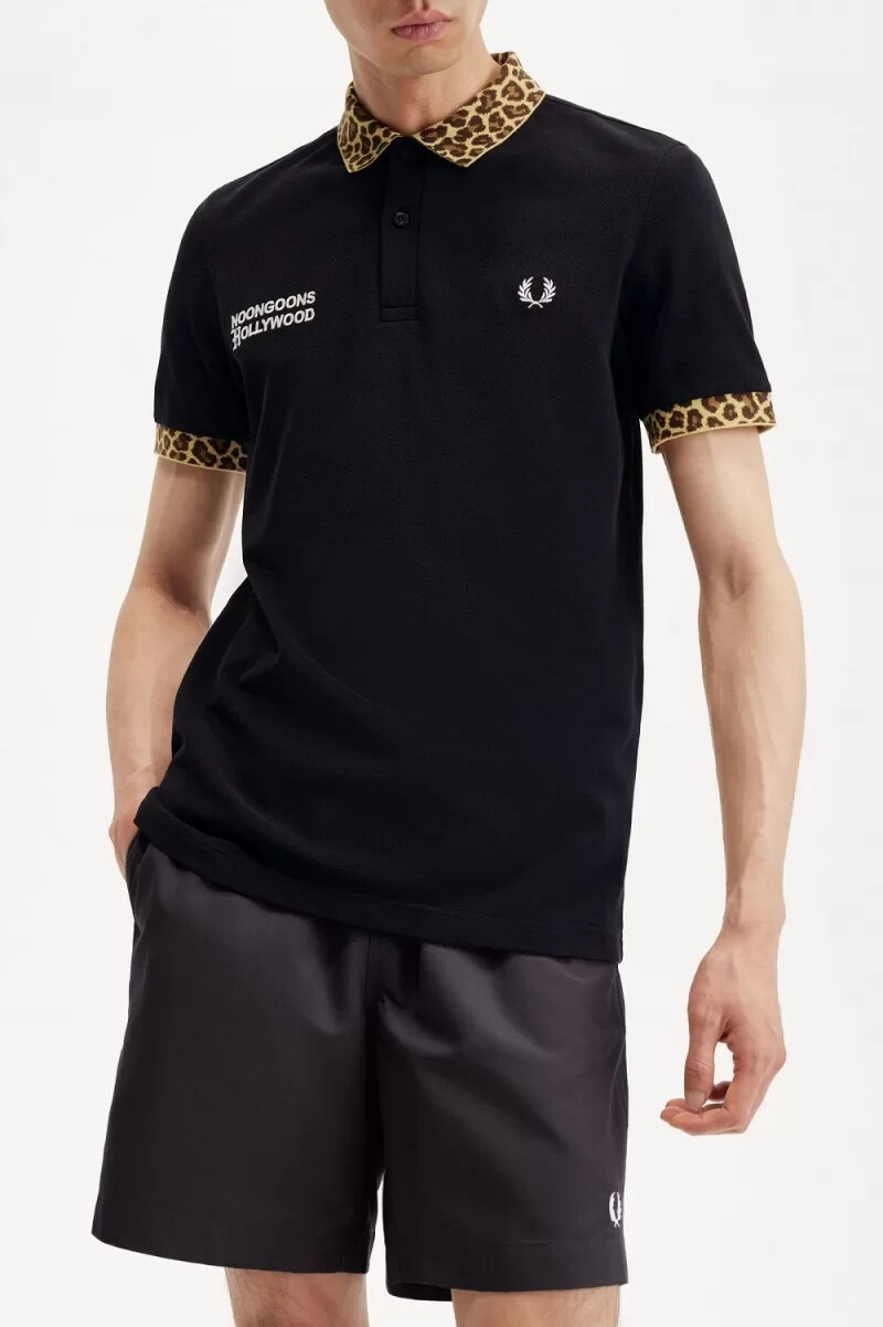 fred perry noongoons herren-poloshirt mit leopardenmuster schwarz