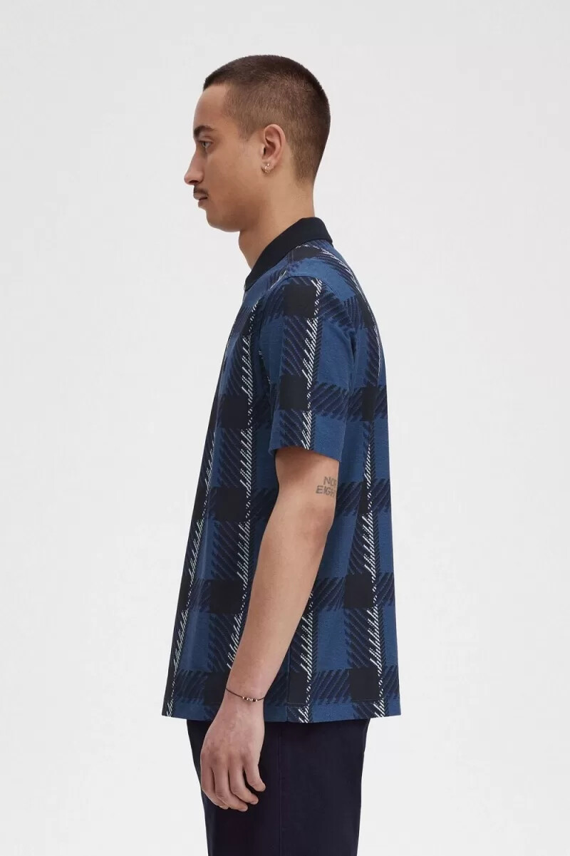 fred perry glitch tartan herren-poloshirt mit reißverschlusskragen mitternachtsblau