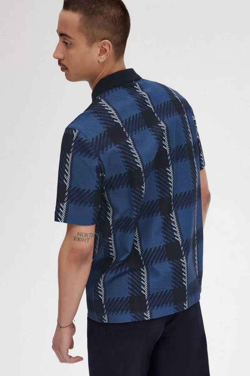 fred perry glitch tartan herren-poloshirt mit reißverschlusskragen mitternachtsblau
