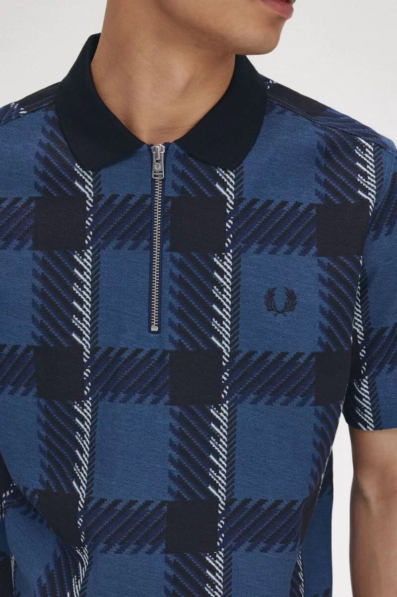 fred perry glitch tartan herren-poloshirt mit reißverschlusskragen mitternachtsblau