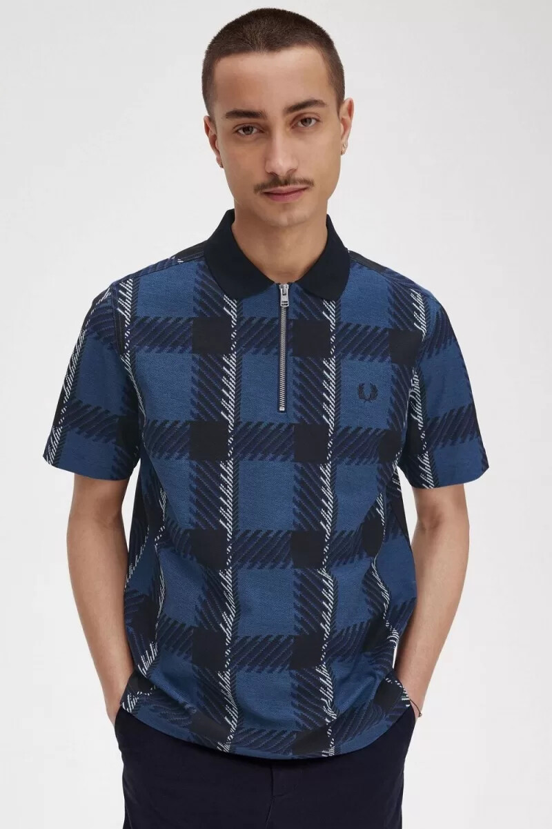 fred perry glitch tartan herren-poloshirt mit reißverschlusskragen mitternachtsblau