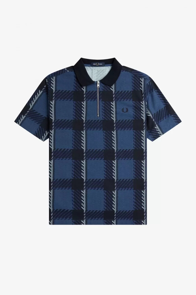 fred perry glitch tartan herren-poloshirt mit reißverschlusskragen mitternachtsblau