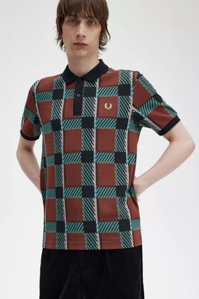 fred perry glitch tartan herren-polohemd whiskybraun