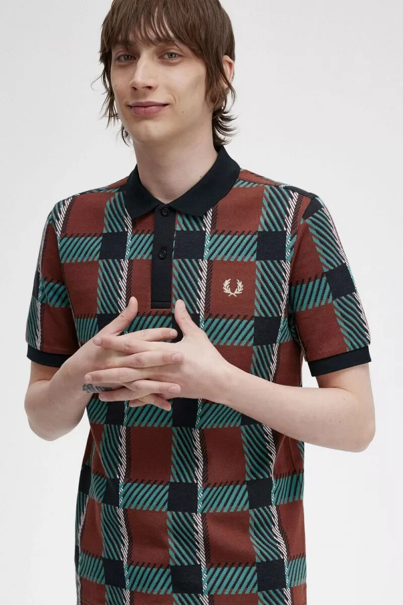fred perry glitch tartan herren-polohemd whiskybraun