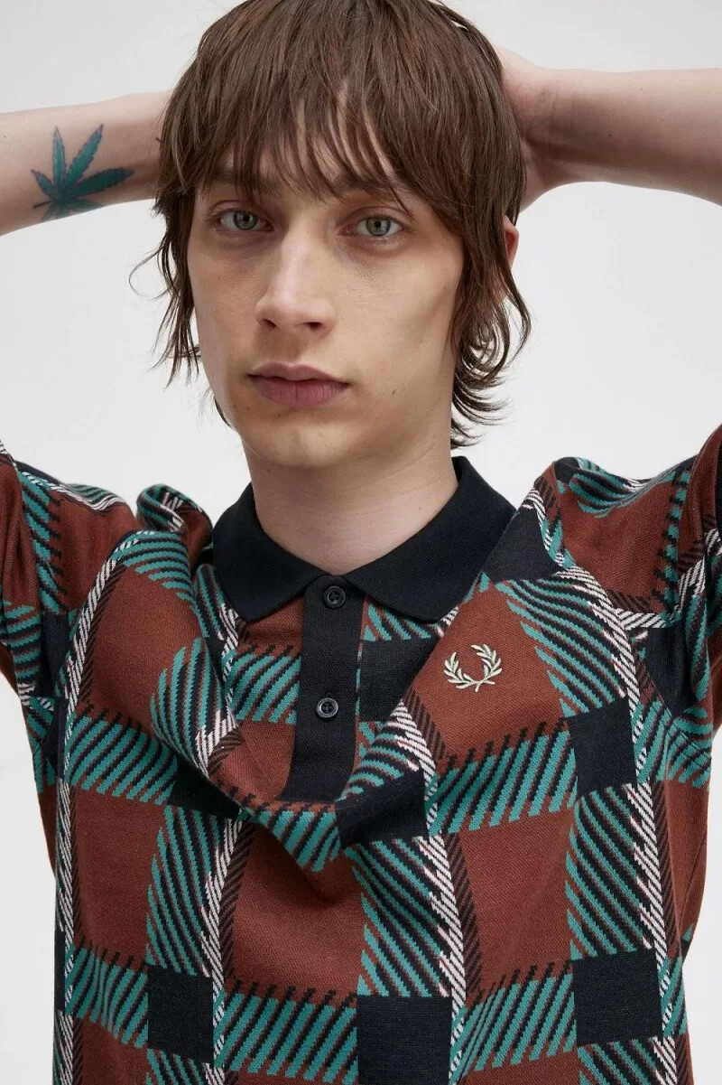 fred perry glitch tartan herren-polohemd whiskybraun