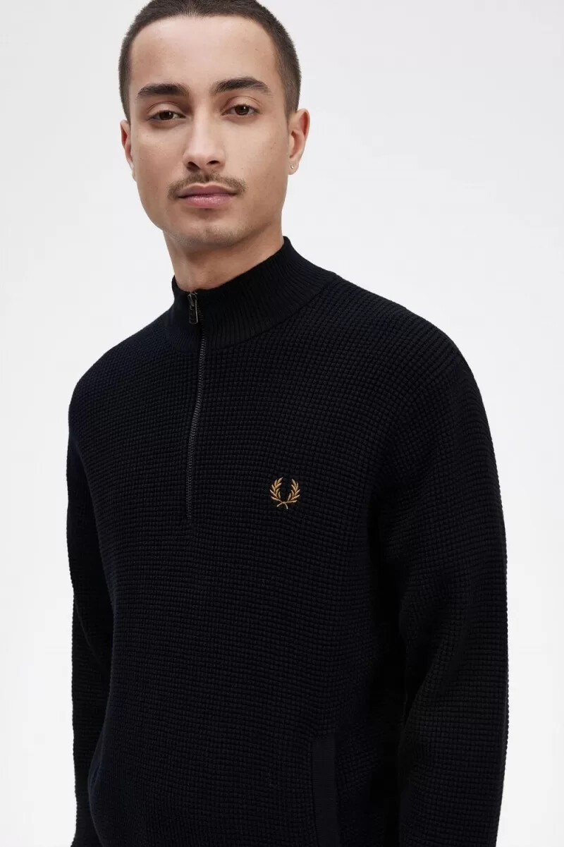 fred perry herrenpullover mit waffelpiqué und halbem reißverschluss marineblau