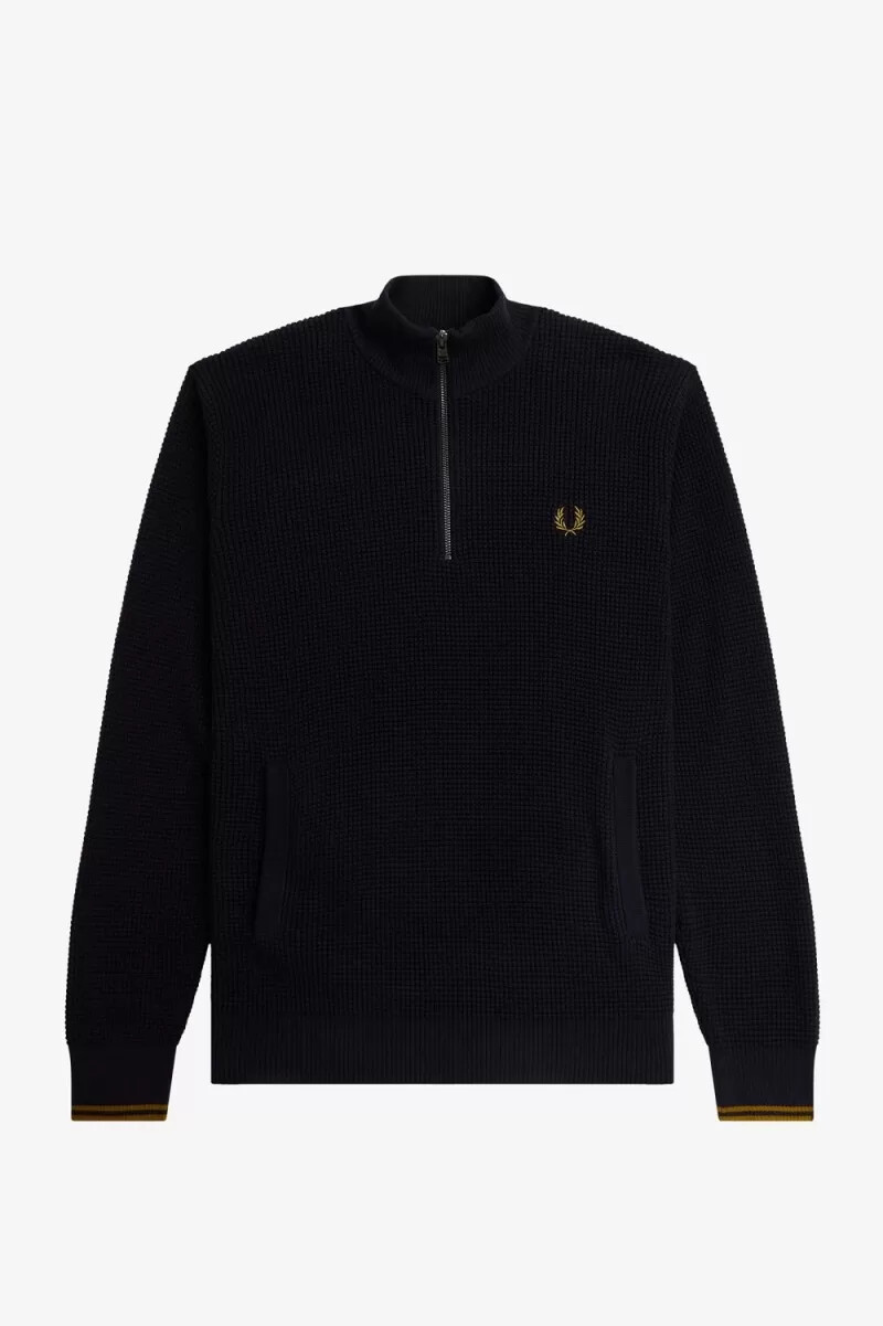 fred perry herrenpullover mit waffelpiqué und halbem reißverschluss marineblau
