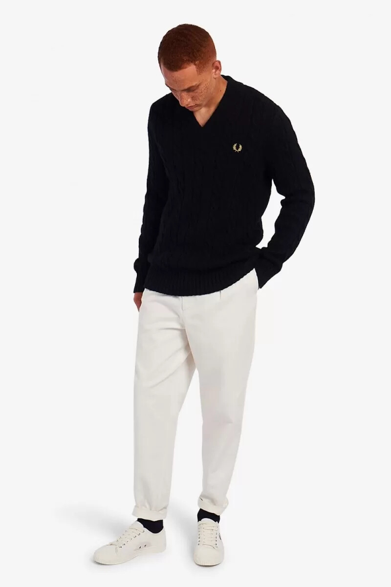 fred perry zopfmuster-pullover mit v-ausschnitt für herren schwarz