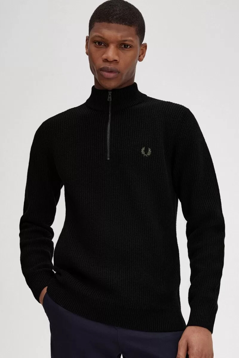 fred perry herrenpullover mit halbem reißverschluss und struktur schwarz