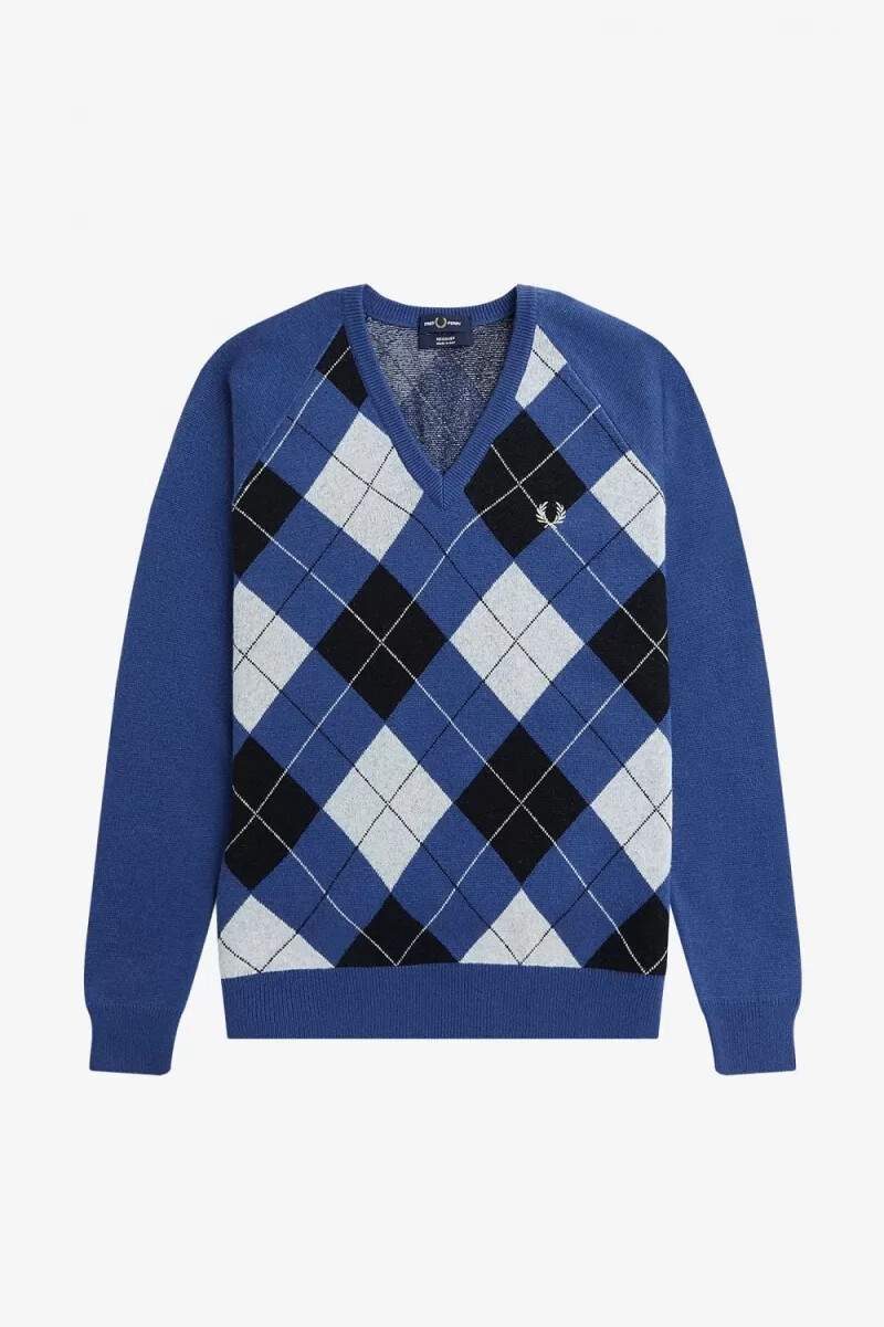 fred perry herrenpullover aus lammwolle mit argyle-muster und v-ausschnitt kobaltblau