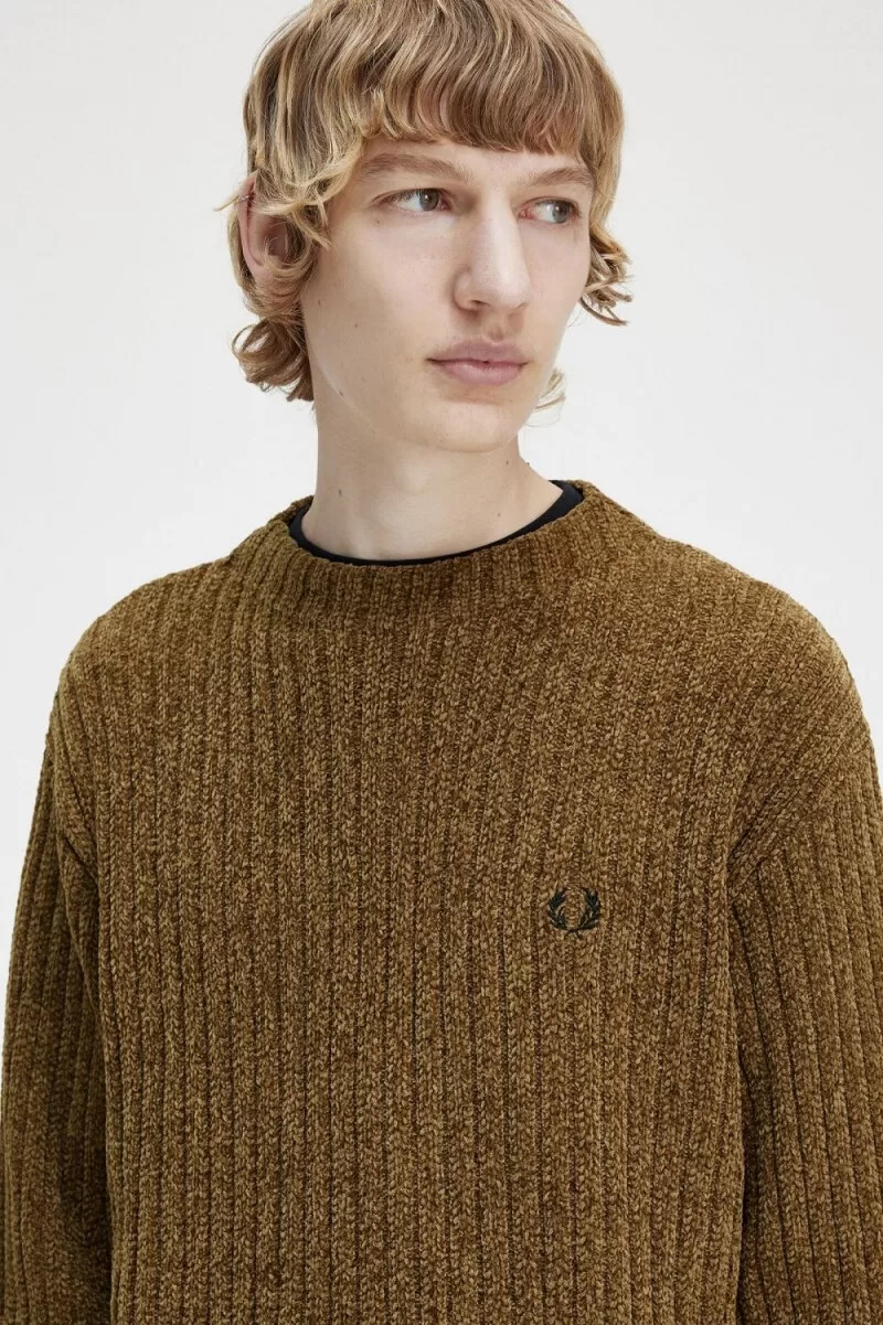 fred perry herrenpullover aus chenille-rippstrick braun
