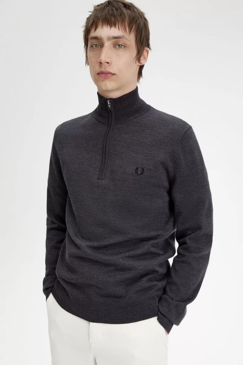 fred perry classic herren-pullover mit halbem reißverschluss dunkelgrau meliert