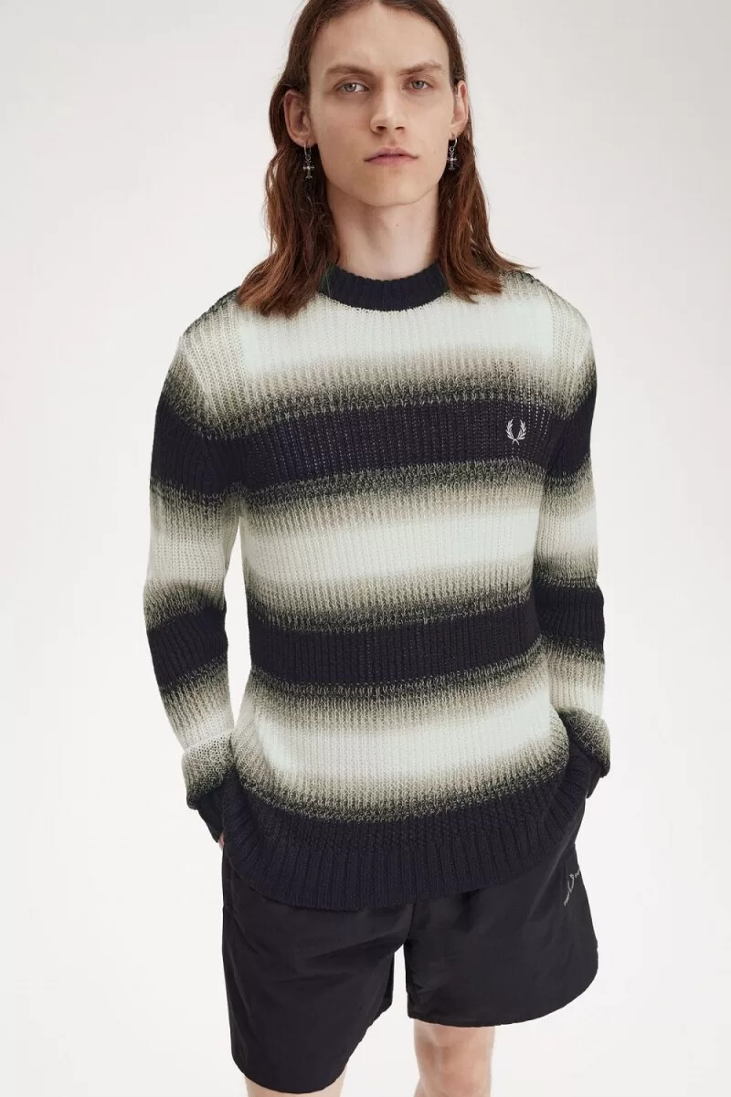 fred perry herrenpullover mit streifenmuster und offener strickoptik schwarz