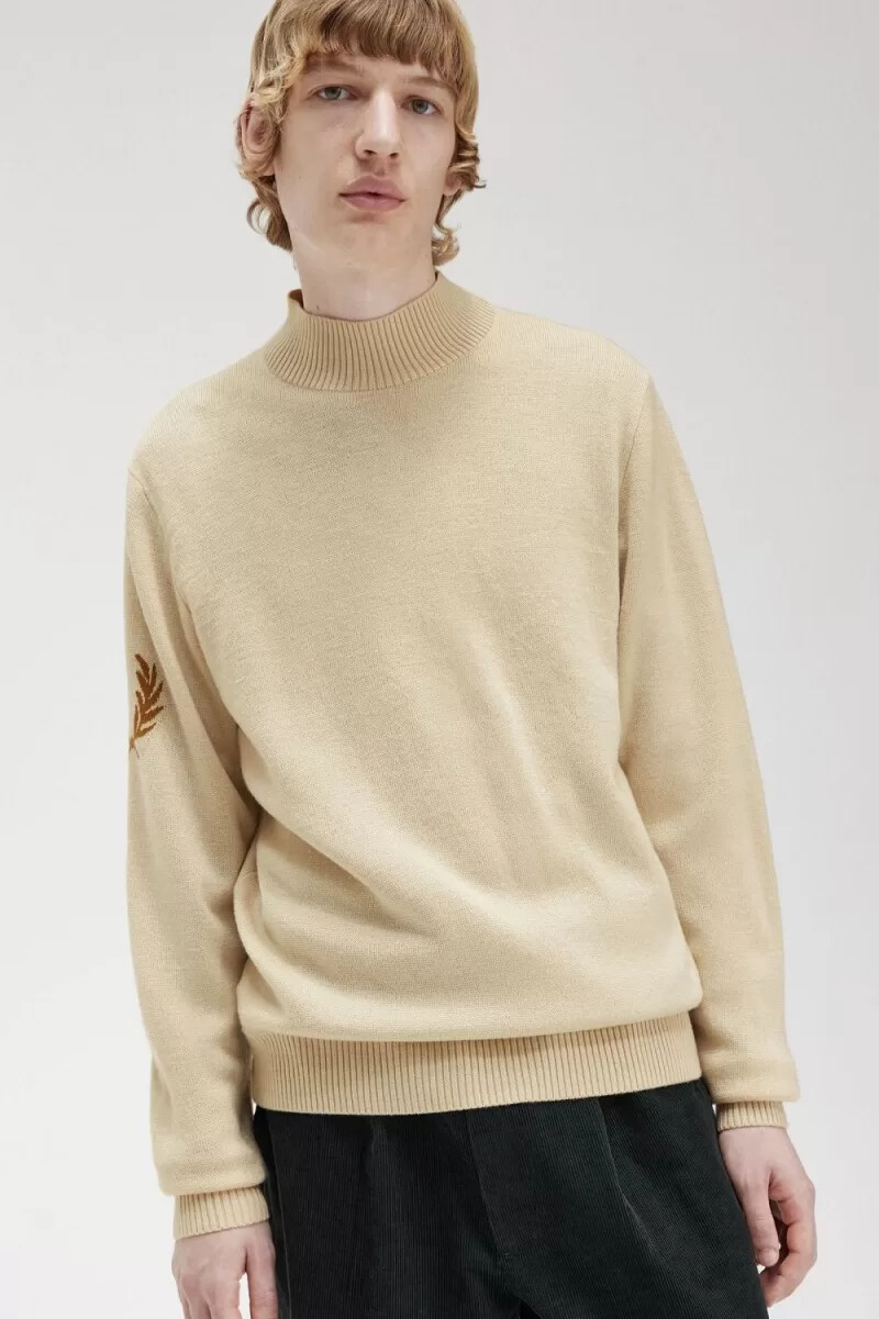 fred perry herrenpullover mit lorbeerkranz und stehkragen farbe haferflocken