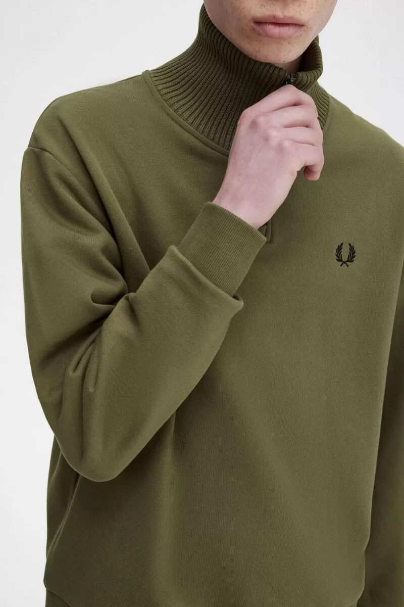 fred perry herren-sweatshirt mit strickbesatz und reißverschlusskragen uniformgrün