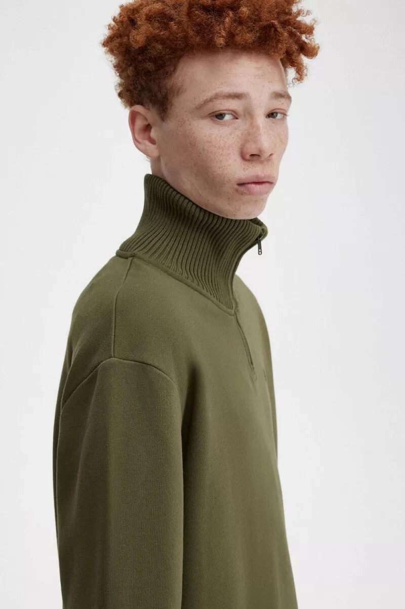 fred perry herren-sweatshirt mit strickbesatz und reißverschlusskragen uniformgrün
