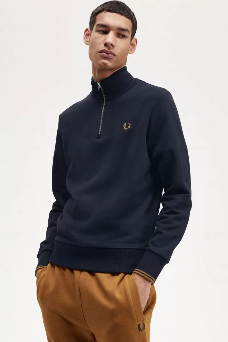 fred perry herren-sweatshirt mit halbem reißverschluss marineblaudunkelbraun