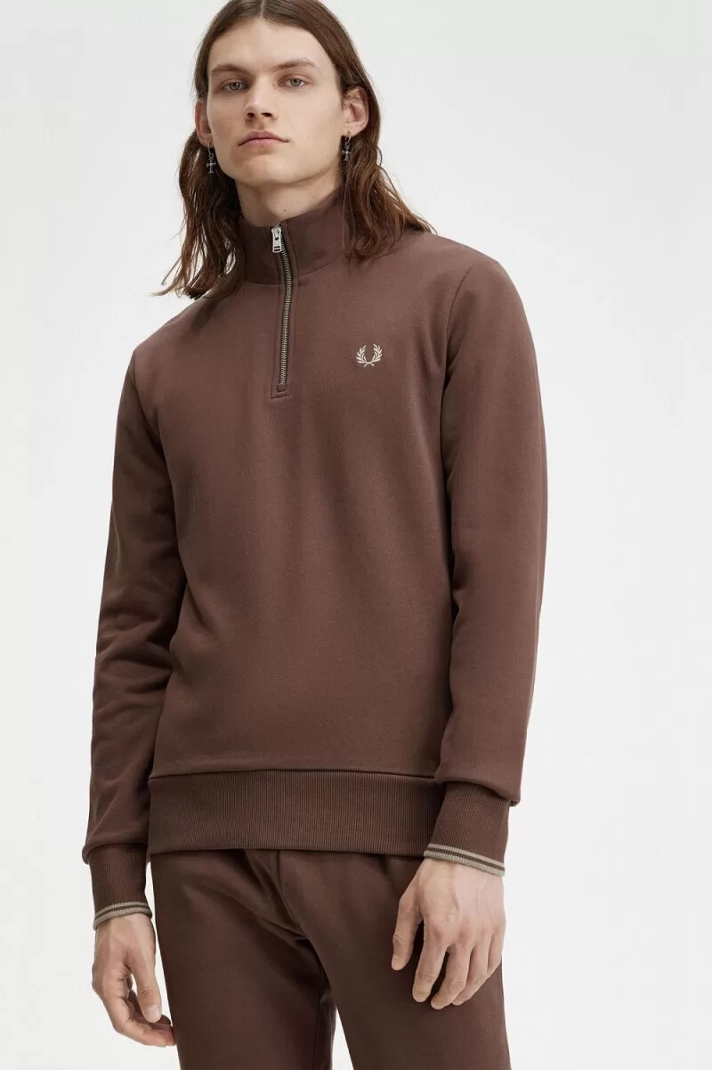 fred perry herren-sweatshirt mit halbem reißverschluss dunkelrotwarmgrau