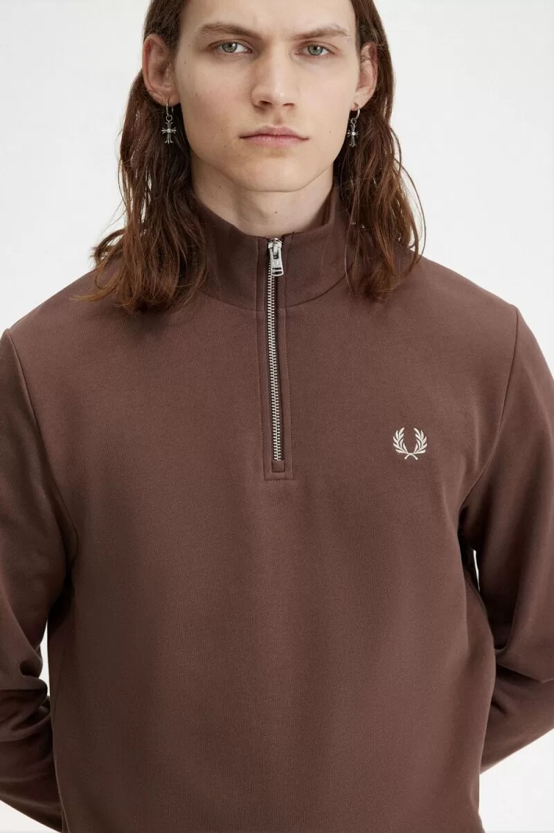 fred perry herren-sweatshirt mit halbem reißverschluss dunkelrotwarmgrau