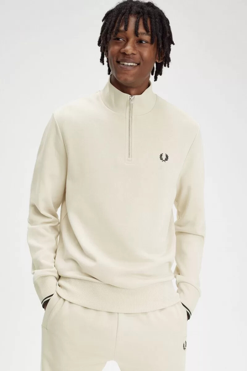 fred perry herren-sweatshirt mit halbem reißverschluss haferflockenfarbe schwarz