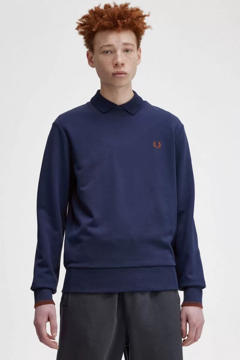 fred perry herren-sweatshirt mit rundhalsausschnitt farbe französischblauwhiskybraun