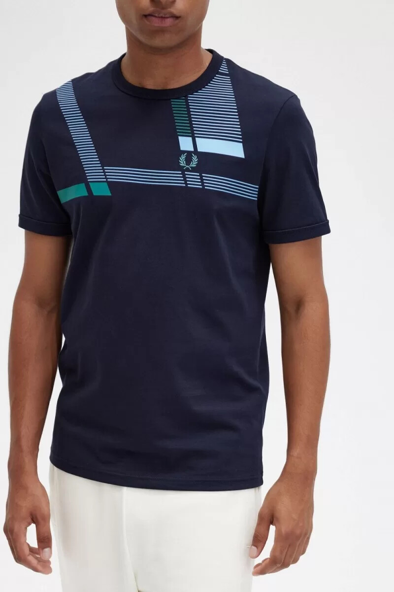 fred perry herren-t-shirt mit glitch-print marineblau