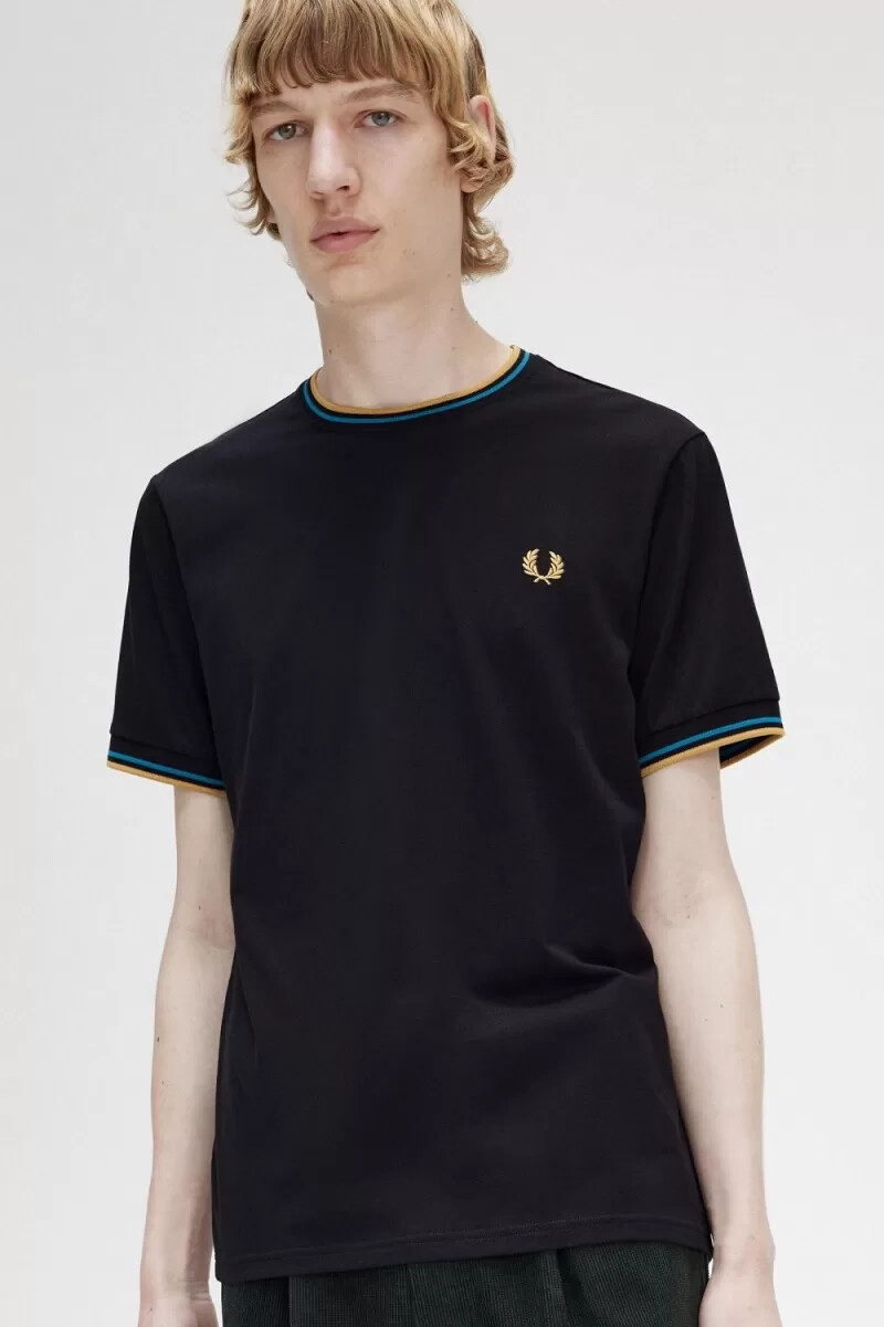 fred perry twin tipped herren-t-shirt schwarz cyberblau hellrost