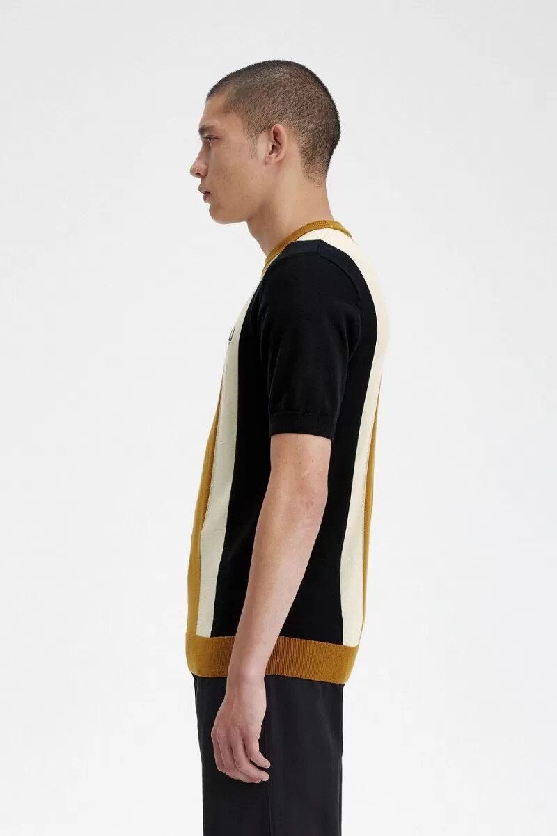 fred perry herren-t-shirt mit streifenmuster feinstrick schwarz haferflocken dunkelbraun