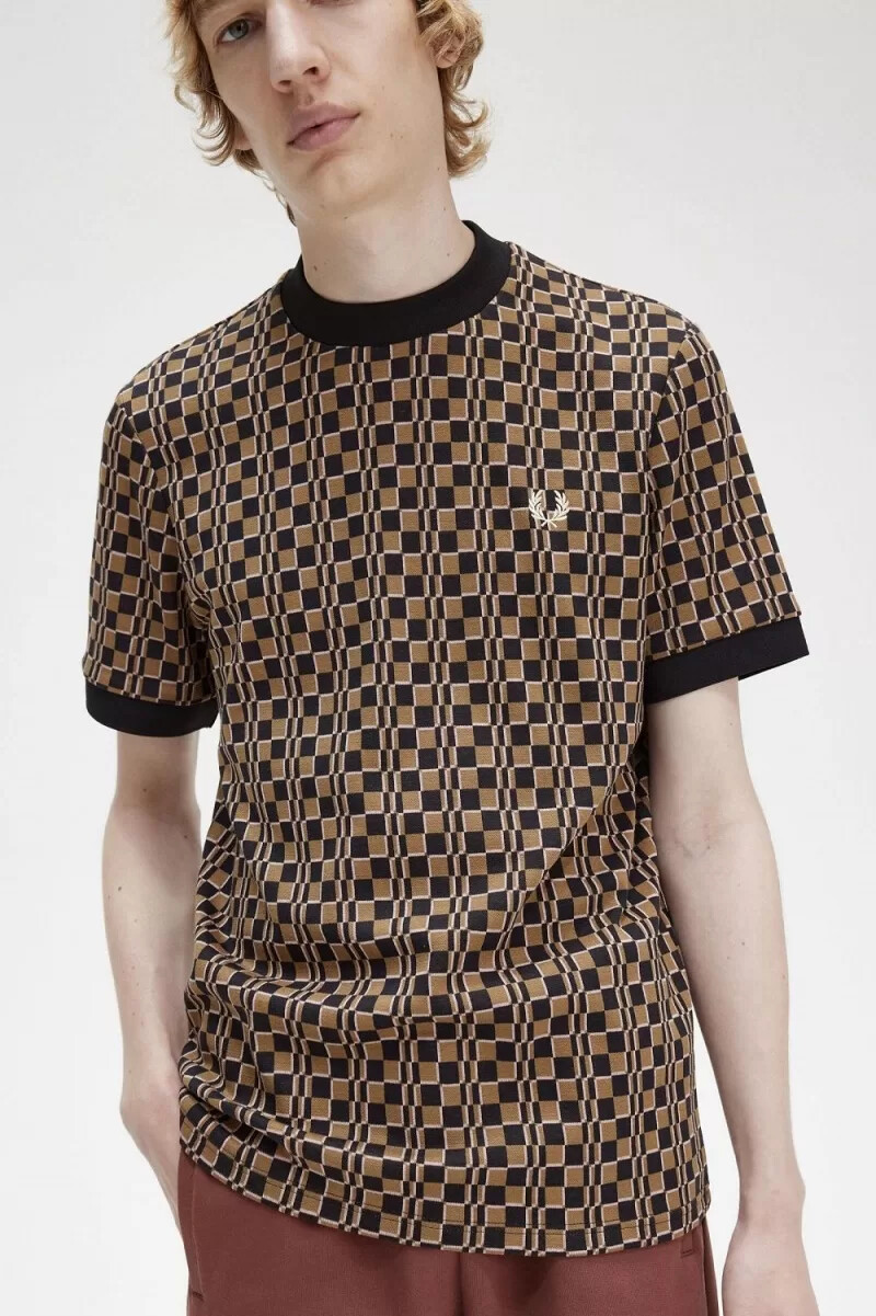 fred perry glitch chequerboard herren-t-shirt braun marineblau