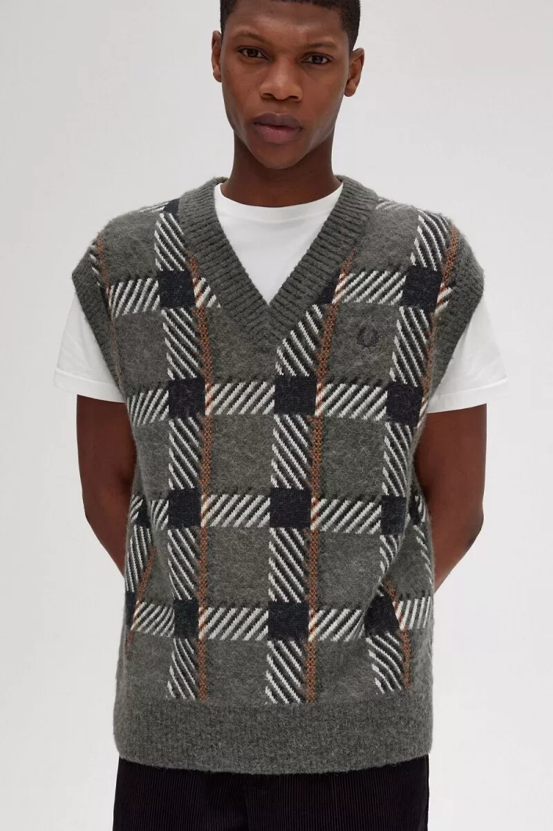 fred perry glitch tartan strick-tanktops für herren feldgrün